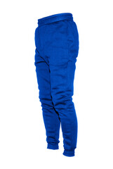 Blank training jogger pants color blue on invisible mannequin template side view on white background
