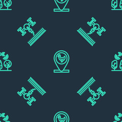 Set line Chicken farm and location, Smart with drone and on seamless pattern. Vector