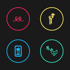 Set line Smart control farming system, Chicken and camera, Router wi-fi signal and Plant icon. Vector