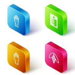 Set Isometric line Hand with psoriasis or eczema, Clinical record, and Bee icon. Vector