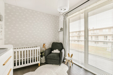 Stunning baby room with white baby crib - obrazy, fototapety, plakaty