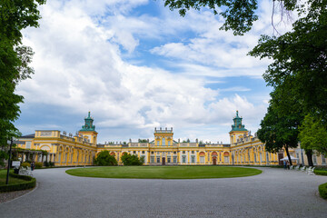 beautiful view of the royal Wilanow Palace on a background of blue sky with white clouds Warsaw Poland