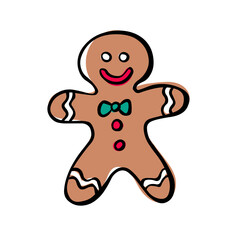 Christmas gingerbread man cookies in flat style isolated on white background. Holiday cookies in the shape of a man with a black outline. Drawn by hand as a sketch. Vector Christmas symbol.