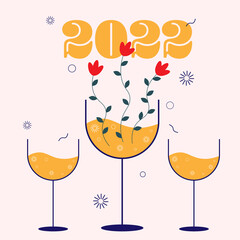 Illustration vectorielle. 3 verres de fête pour le nouvel an. Illustration de la bonne année 2022. Fleurs et festivités.
