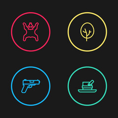 Set line Pistol or gun, Hunter hat with feather, Tree and Bear skin icon. Vector