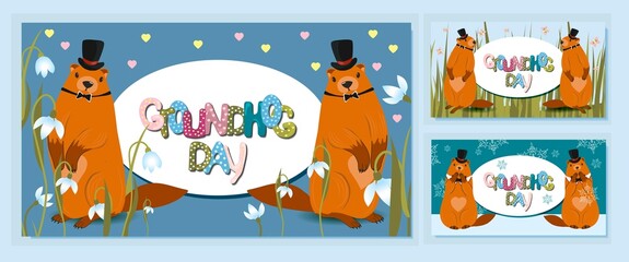 Happy groundhog day design with cute marmots. Marmot or beaver wild animal relax on nature vector illustration. Funny character. set of greeting cards. Vector illustration © Анна Таранкова