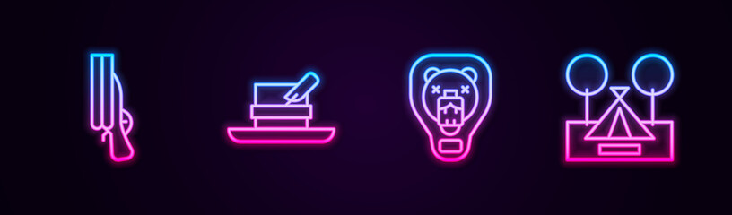Set line Shotgun, Hunter hat with feather, Bear head on shield and Tourist tent. Glowing neon icon. Vector