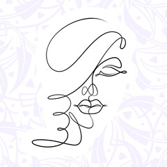 International Women's Day minimal design line drawing style. Portrait of young woman beauty face isolated on pastel leaf background. Vector for Spa, fashion, hairdressing and beautiful artwork design.