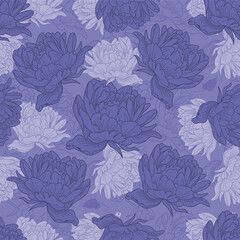 Peony flowers vector seamless pattern. Color of the year 2022 - very peri 17-3938 pantone.