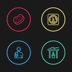 Set line Man in the sauna, Aroma candle, Sauna thermometer and Bath sponge icon. Vector