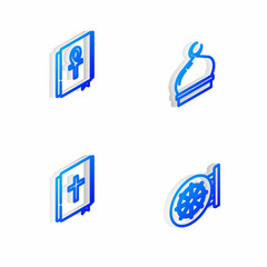 Set Isometric line Muslim Mosque, Cross ankh book, Holy bible and Dharma wheel icon. Vector