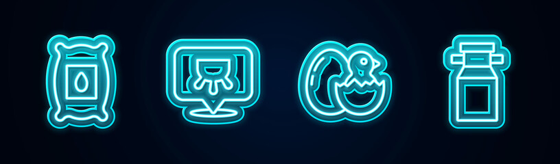 Obraz premium Set line Pack full of seeds of plant, Udder, Little chick in cracked egg and Can container for milk. Glowing neon icon. Vector