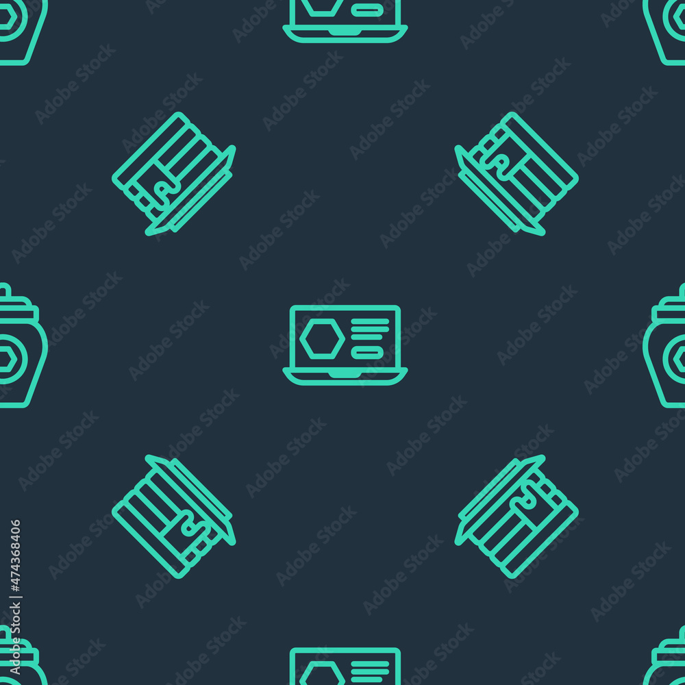Poster set line honey online service, stack of pancakes and jar honey on seamless pattern. vector