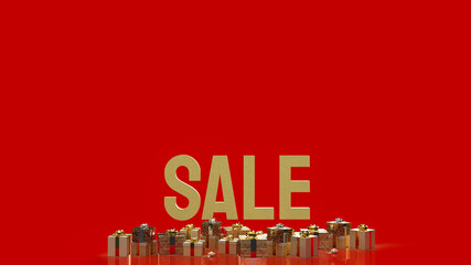 The sale gold text and gift box on red background 3d rendering