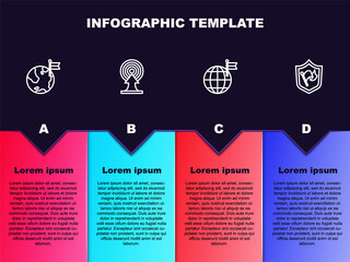 Set line Planet with flag, Target arrow, and Shield. Business infographic template. Vector
