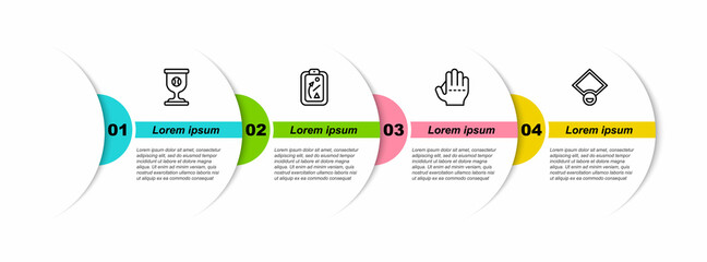 Set line Award cup with baseball ball, Planning strategy, Baseball glove and field. Business infographic template. Vector