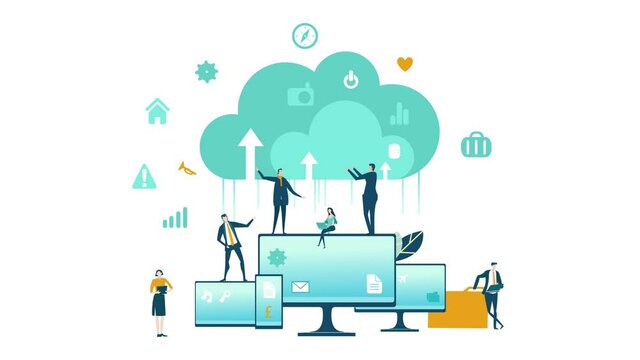 Business team, bankers, managers, support and IT team working together. Online connections, web, cloud,  international business concept, remote working.  Animation