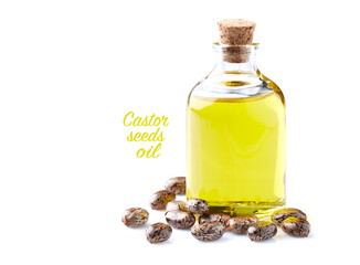 Castor oil with seeds on white background