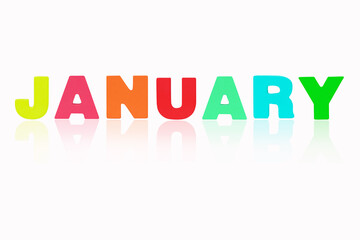 JANUARY month English made of wood  isolated on white background. Colorful wooden english alphabets set sort. letter made of wood arrange alphabet as categorize word. Poster banner design.