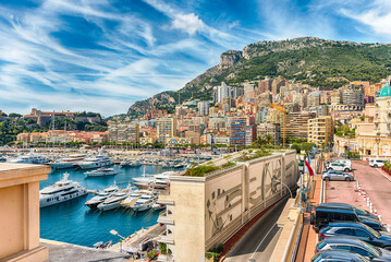 View over luxury yachts and apartments in Monte Carlo, Monaco - obrazy, fototapety, plakaty