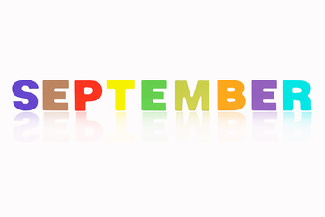 SEPTEMBER month English made of wood  isolated on white background. Colorful wooden english alphabets set sort. letter made of wood arrange alphabet as categorize word. Poster banner design.