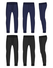 Black and navy color Basic Sweat pant technical fashion flat sketch template front, back, Side views. Apparel Fleece Cotton jogger pants vector illustration drawing mock up for kids and boys.

