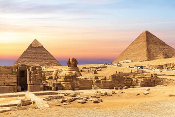 Ruins of Giza Necropolis with the Sphinx and the Pyramids, Cairo, Egypt - obrazy, fototapety, plakaty