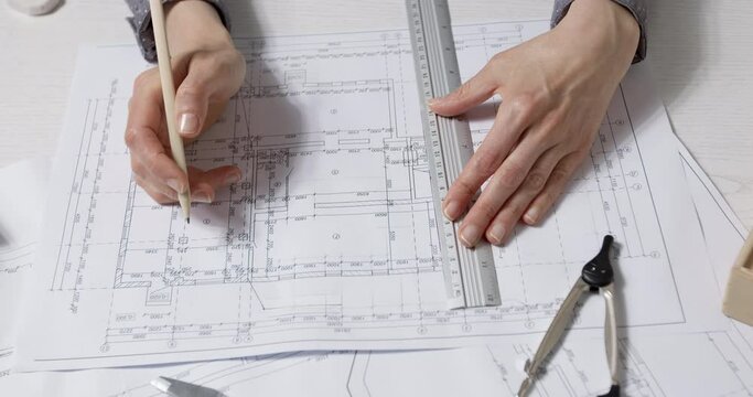 The architect draws a blueprint on the desktop. Engineering project design sketch.