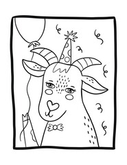 Happy Birthday coloring book page with funny animal. Goat  card