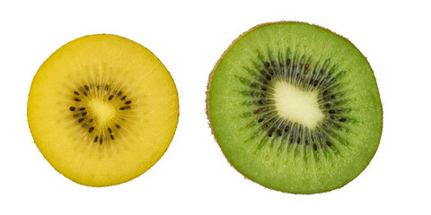Fototapeta premium Yellow and green kiwi fruit slice on a white background. Bio fruits.
