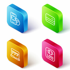 Set Isometric line Online poker table game, Credit card, Laptop and slot machine and Lottery ticket icon. Vector