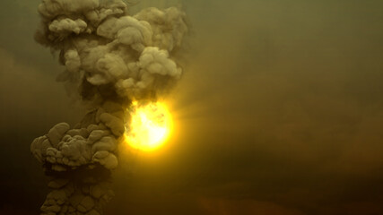 column of defilement smoke from power plant or factory on dirty sky with sun - industrial 3D illustration
