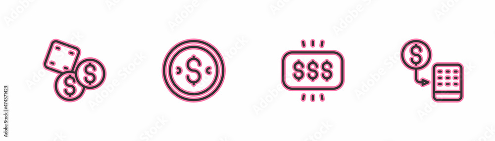 Sticker Set line Game dice, Money prize in casino, Coin money with dollar and Casino chips exchange icon. Vector