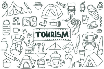 Doodle style tourism set.hand drawn vector camping clip art set. Isolated on white background drawing for prints, poster, cute stationery, travel design.Nature, forest recreation, sport.