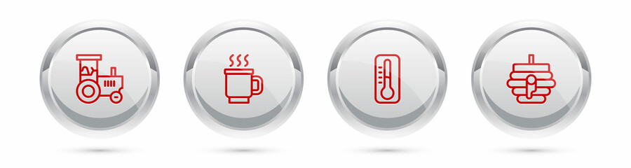 Set line Tractor, Cup of tea, Thermometer and Hive for bees. Silver circle button. Vector
