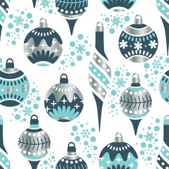 Fototapeta na wymiar Christmas and New Year theme seamless pattern. Trendy retro style. Christmas toys, snowflakes, fir tree branches.