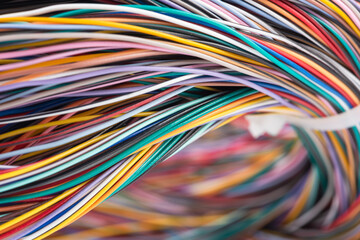 Colored electric telecommunication cables close-up