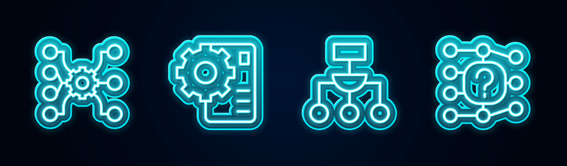 Set line Neural network, Algorithm and . Glowing neon icon. Vector