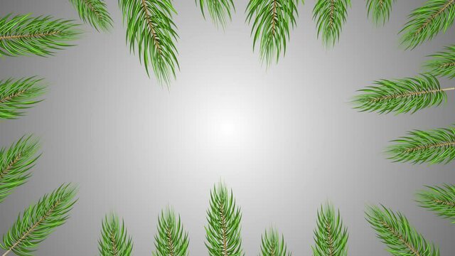 4K Design Christmas tree leaves rotating frame template design. New year card or banner template. Rotating pine tree fresh branches on black background. Holiday Frame Template. Night sky landscape.