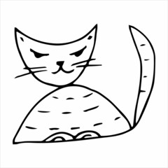 Funny cat hand drawn in doodle style, black and white