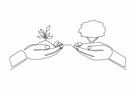 recommend clip art: Continuous one line drawing two hands holding together a green young plant. Single one line hand holding tree. Forest conservation concept design vector graphic illustration