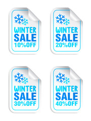 Winter sale stickers set with snowflakes. Winter sale 10%, 20%, 30%, 40% off