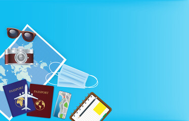 Tourism Safe Travels in holiday with Mask and suitcase, sanitizer on blue background. New normal concept. Vector EPS10