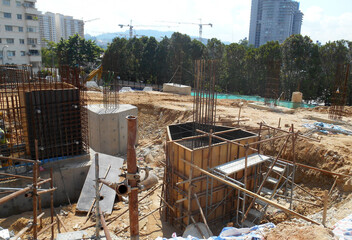 KUALA LUMPUR, MALAYSIA -SEPTEMBER 6, 2019: Pile cap steel reinforcement bar under construction at...