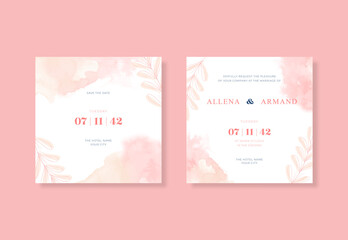 Wedding invitation square template with beautiful watercolor
