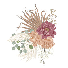Boho composition of dried flowers and palm leaves.