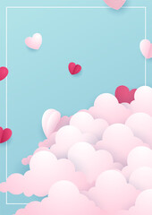 Fototapeta na wymiar Valentine's day concept posters. Vector illustration. 3d blue and pink paper hearts with frame on geometric background. Cute love sale banners or greeting cards