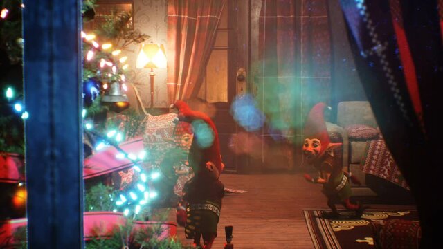 Jolly magical elves dancing on Christmas Day in the house of Santa Claus. Christmas and New Year's Eve atmosphere concept. The animation is ideal for festive, Christmas and New Year's Eve backgrounds.