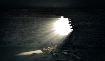 Dark Room with big hole in brick wall with sunlight rays - 474377652