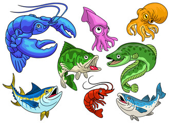 Fototapeta premium Set of Cartoon Sea Animals